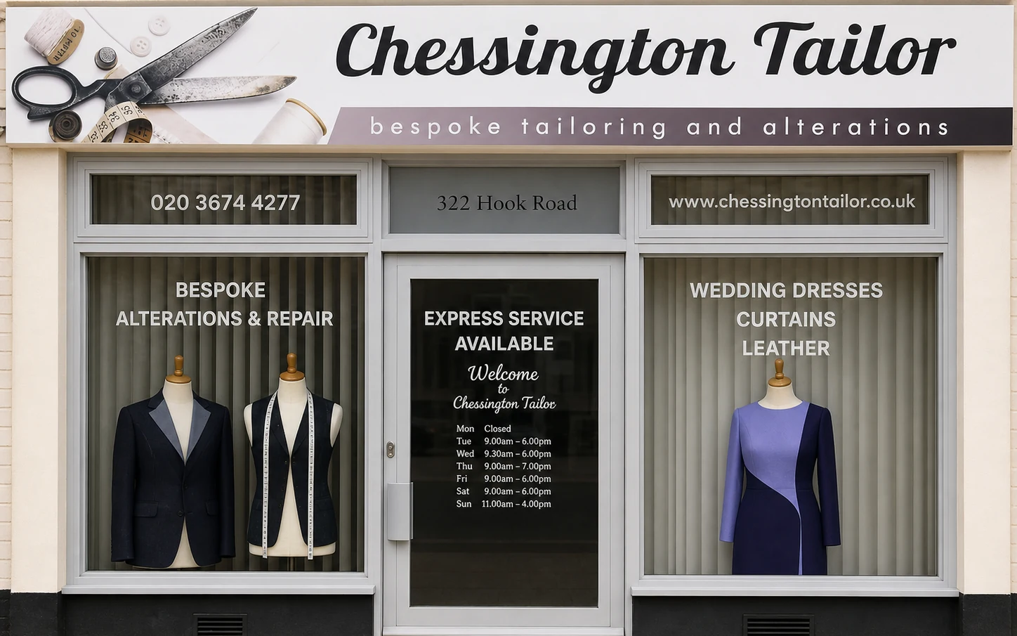 Clean front view of Chessington Tailor at 322 Hook Road